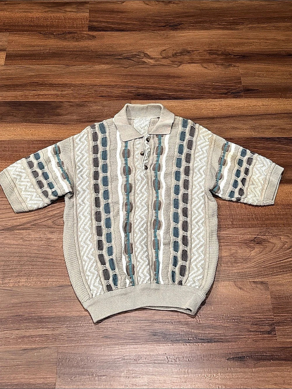 Men's Bellagio Geometric Knit Polo in Gray & Blue Like New Large